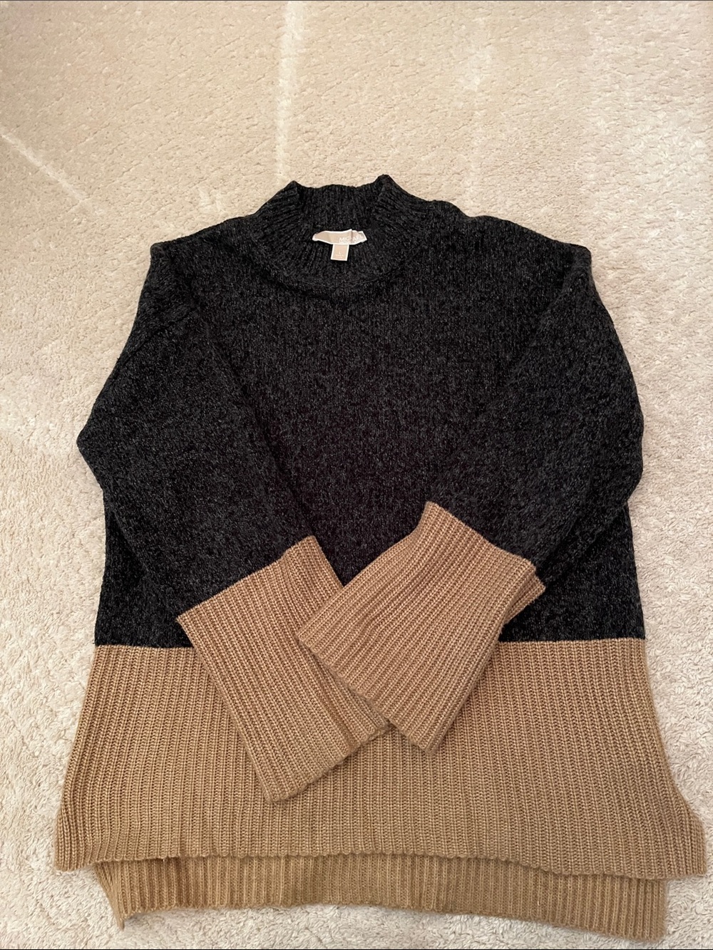 Michael Kors Dark Gray and Camel Rib-Trim Sweater